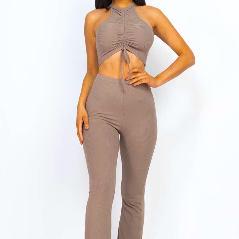 Ribbed Ruched Front Crop Top Set